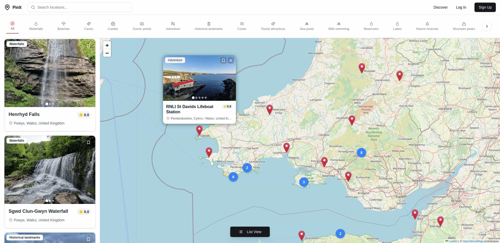 PinIt app interface showing map with pins
